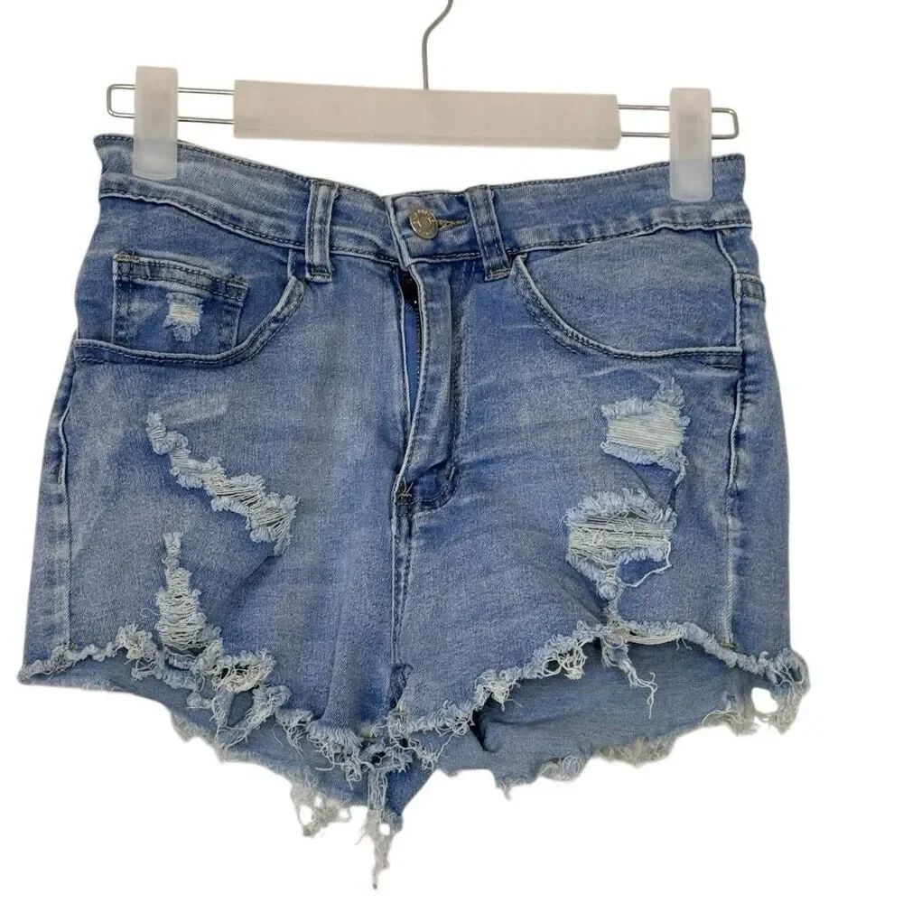 SHEIN Raw Hem Medium Wash Whiskering Distressed Denim Blue Shorts Size XS